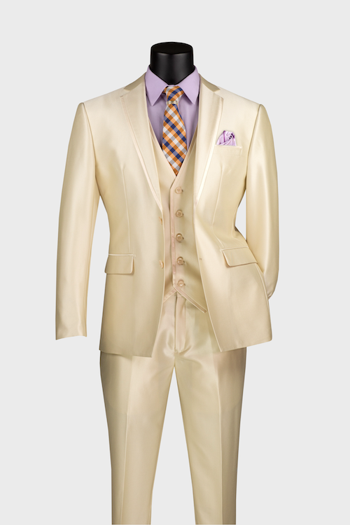 beige 3 piece shiny suit