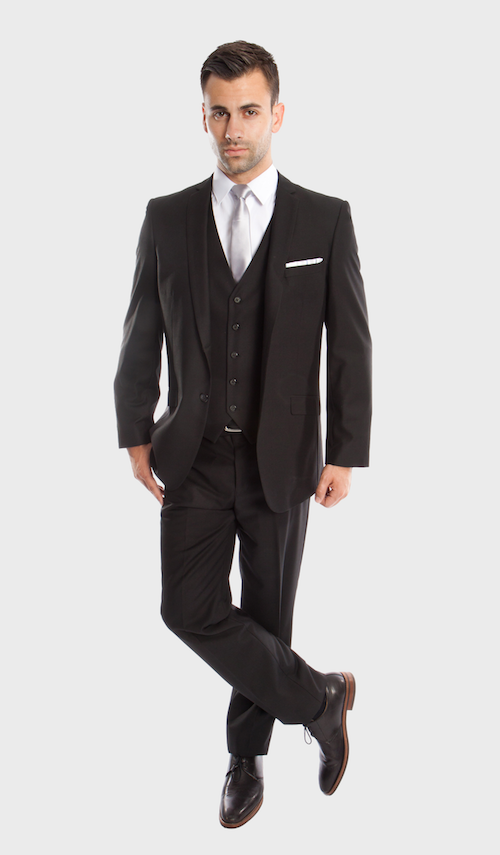 Black 3 Piece Slim Fit Vested Suit, 36R / Black