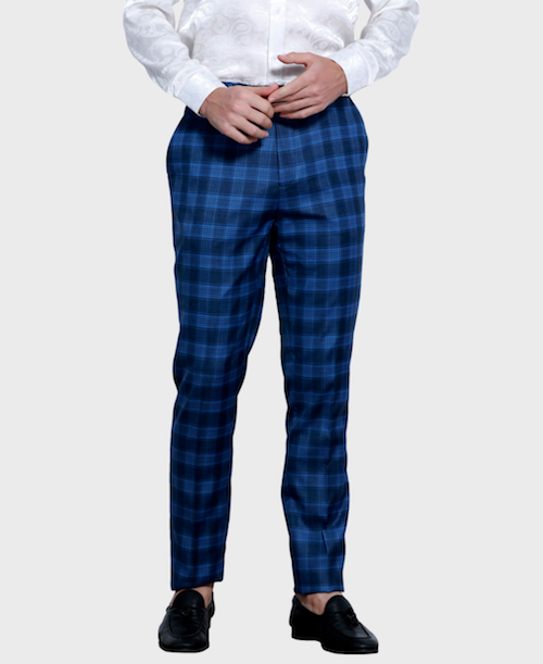 blue plaid slim fit pants