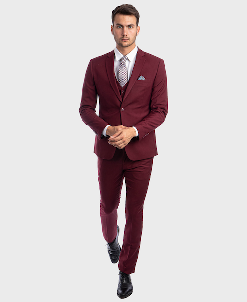 バーガンディのスーツ3点セット Burgundy Ultra Slim Fit 3-Piece Prom Suit – FlexSuits