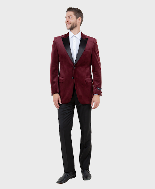 burgundy dress jacket Red Velvet Jackets Classic Fit Satin Lapel Suit Jackets - 42L