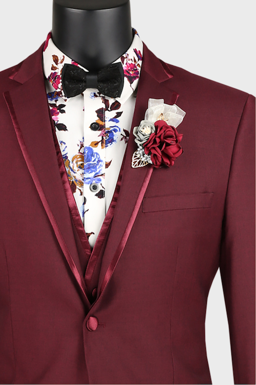burgundy tuxedo with floral shirt