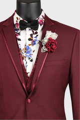 burgundy tuxedo with floral shirt