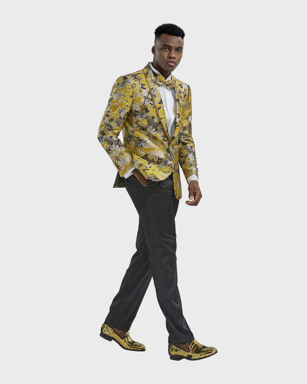 Gold Floral Shawl Collar Blazer