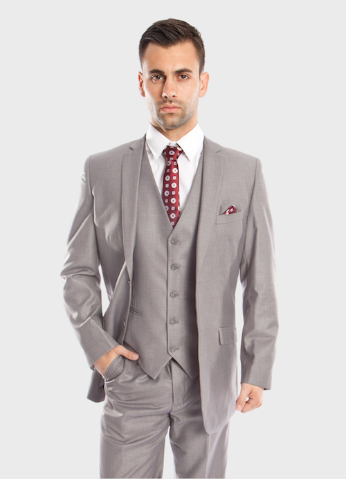 Light Grey 3 Piece Slim Fit Vested Suit, 34R / Light Grey