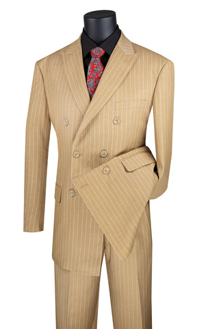 Camel Double Breasted Pinstripe Suit
