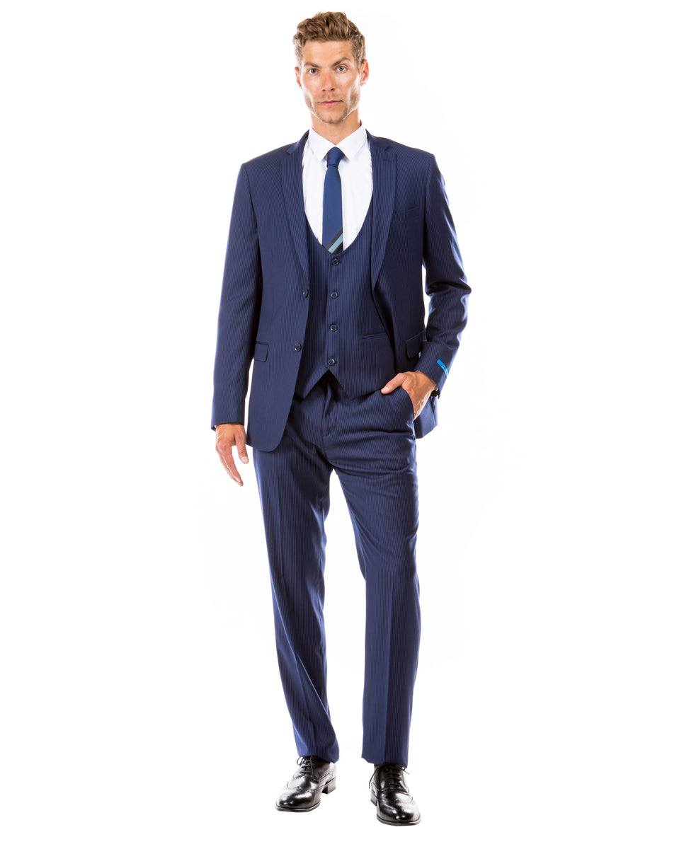 Dark Blue Pinstripe Hybrid Fit 3 Piece Suit – Flex Suits