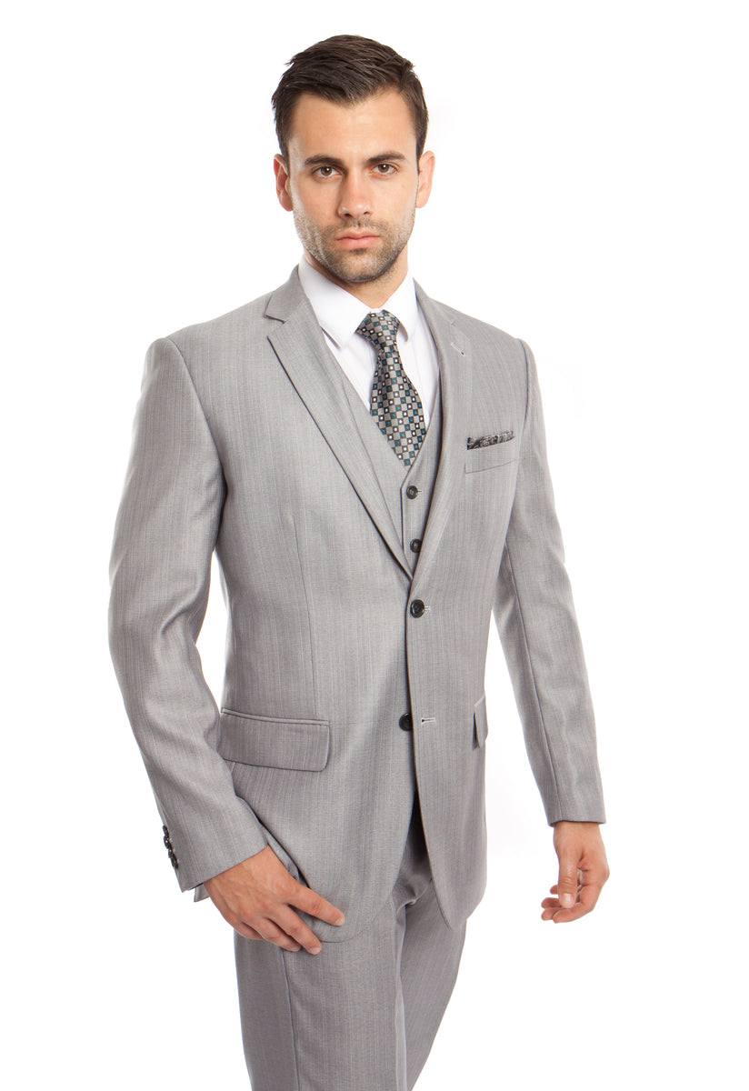 Mens 3 Piece Suit Grey Black Textured Tailored Fit Wedding Prom