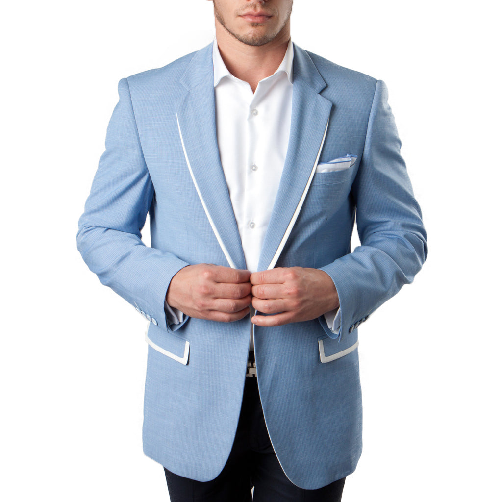 Men's Sky Blue Blazer With White Trim Notch Lapel-Dinner Jacket