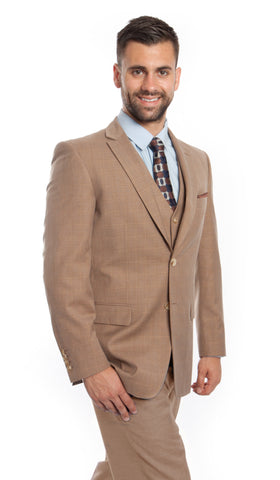 Tan Italian Wool Windowpane Vested Suit