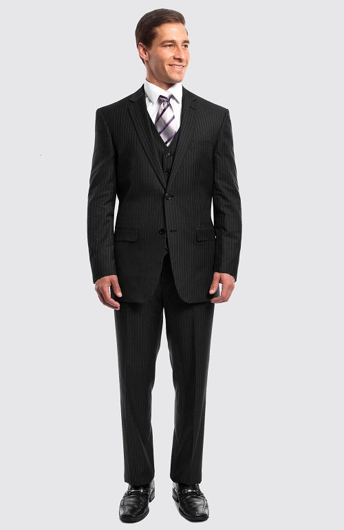Men's Black Pinstripe Suit 3 Piece Modern Fit with Vested Stripe