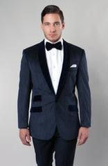 Navy Velvet Pattern Shawl Lapel Blazer