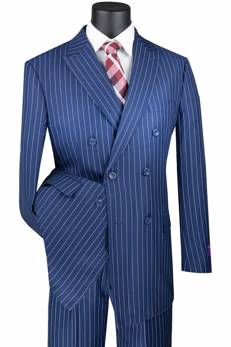 Navy Blue Men Suit Striped Double-Breasted Blazer Work Wear