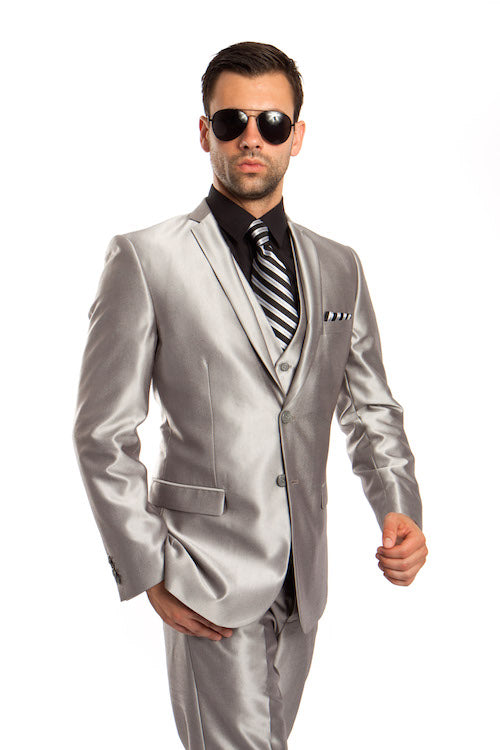 Men's Silver Shiny Vested Suit-3 Piece Suits for Men – Flex Suits