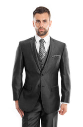 Black Three Piece Herringbone Vested Suit