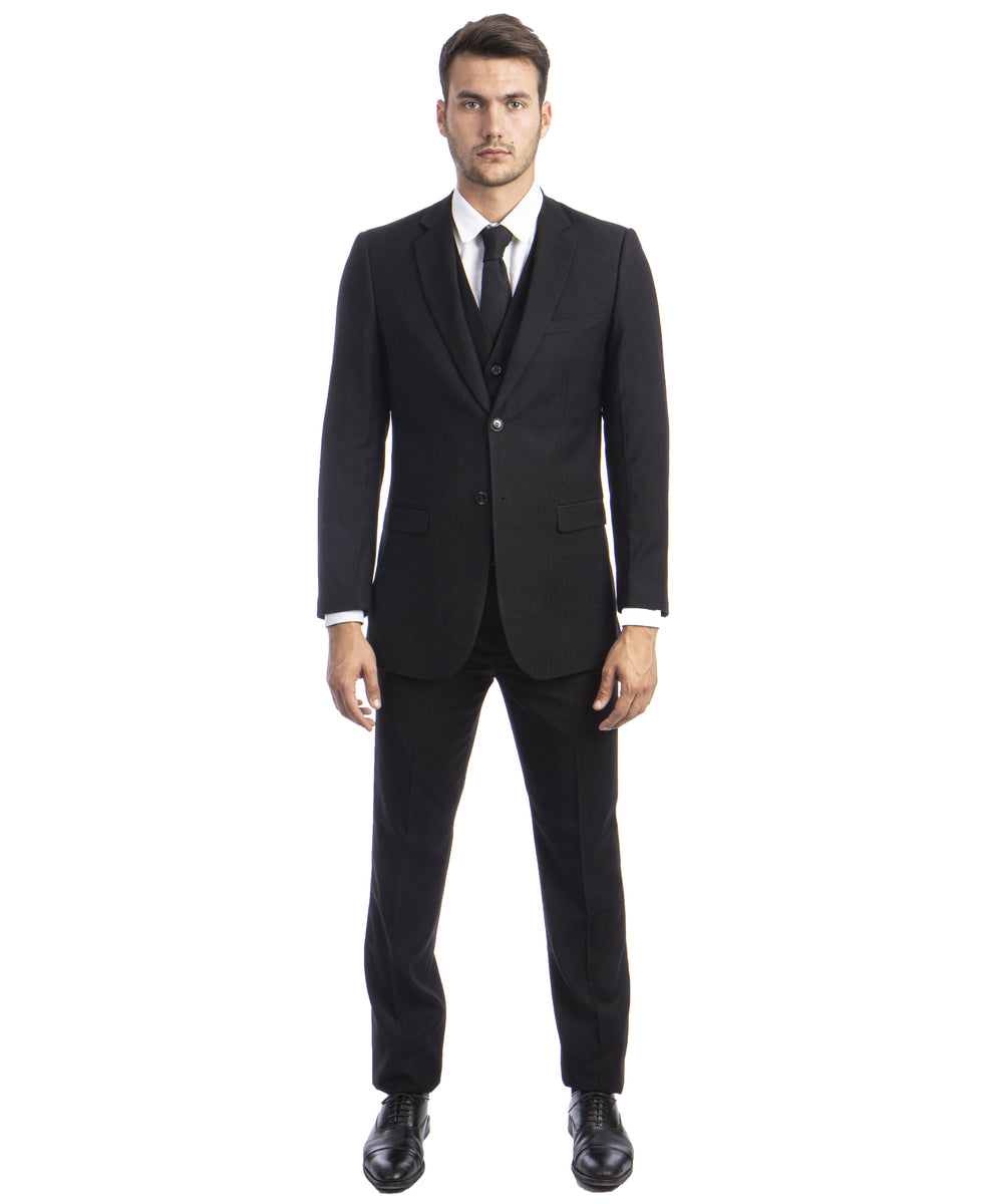 Black Pinstripe Slim Fit Vested Suit For Interview - Stripe Suits – Flex