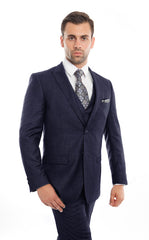Navy Birdseye Peak Lapel Three Piece Suit