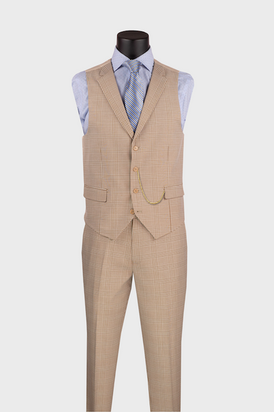 Beige Plaid 3 Piece Suit