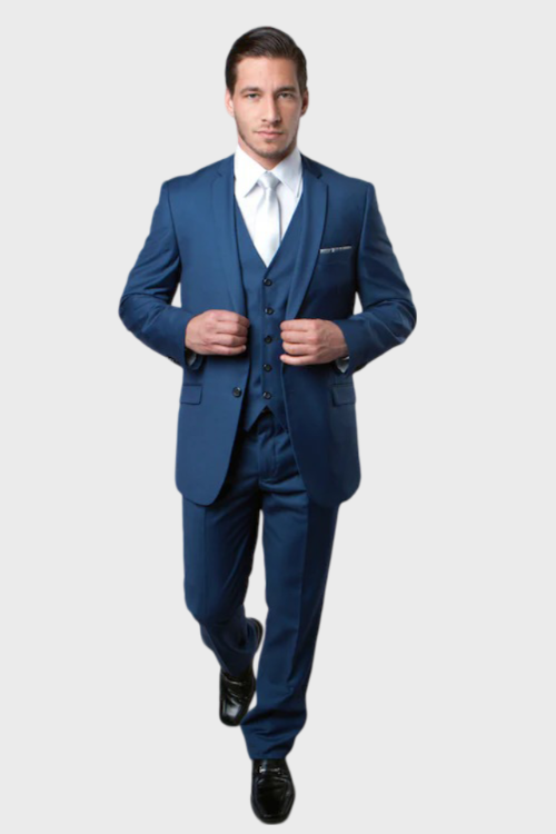 Men s Indigo Blue Slim Fit Vested Suit Flex Suits