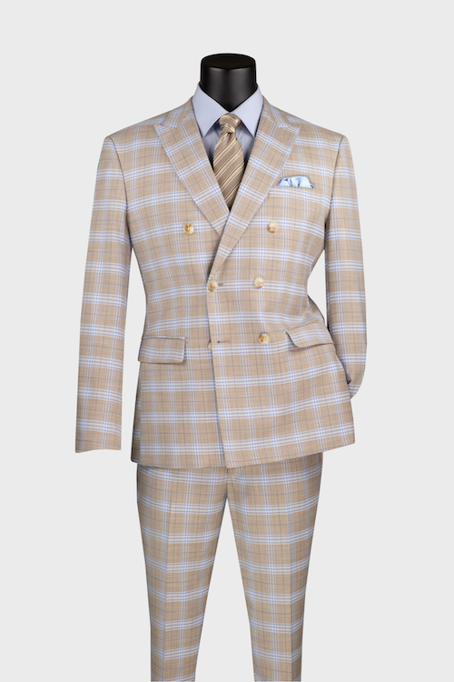 Tan 2-piece Double Breasted Windowpane Suit
