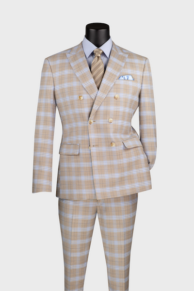 Tan 2-piece Double Breasted Windowpane Suit