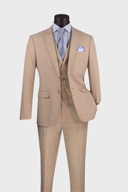 beige 3 piece plaid suit 