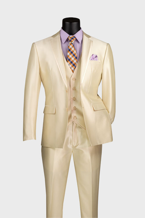 beige 3 piece shiny suit 