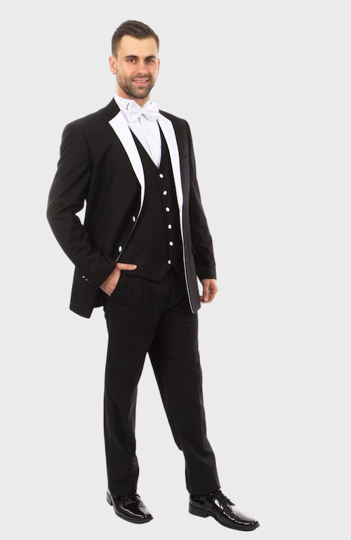 Black with White Lapel 3 Piece Vested Slim Fit Tuxedo