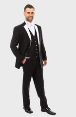 Black with White Lapel 3 Piece Vested Slim Fit Tuxedo