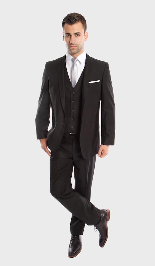 Black 3 Piece Slim Fit Vested Suit