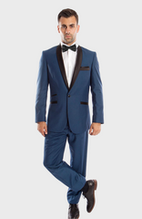 Blue 1 Button Satin Shawl Lapel Suit