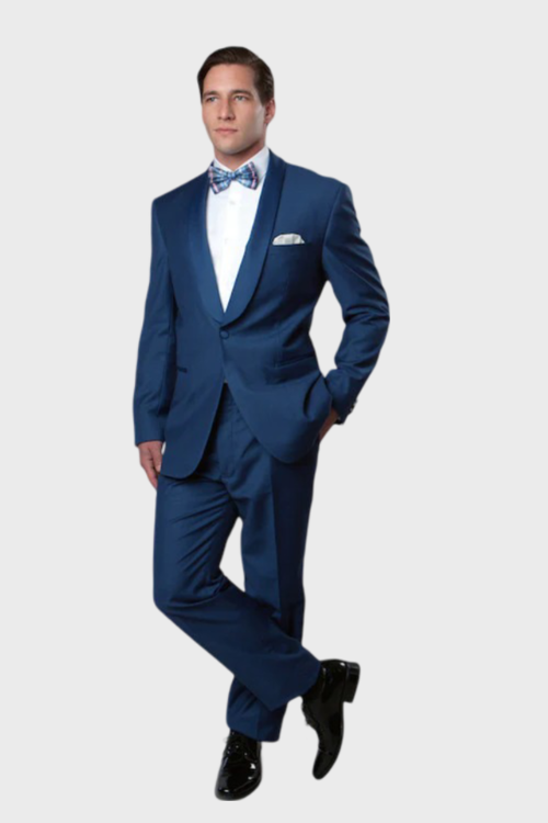Men's Blue 1 Button Shawl Lapel Slim Fit Tuxedo