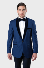 Blue Velvet Shawl Collar Tuxedo Jacket