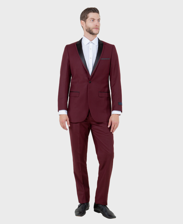 Burgundy Tuxedo with 1-Button Closure and Peak Lapel