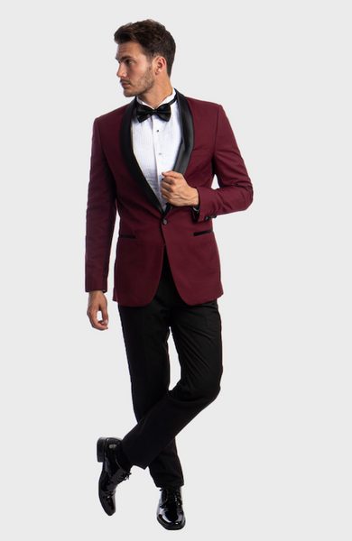 Burgundy One Button Shawl Collar Tuxedo