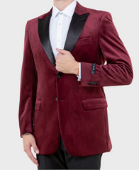 Men s Burgundy velvet peak lapel tuxedo Blazer Velour sportscoat Flex Suits