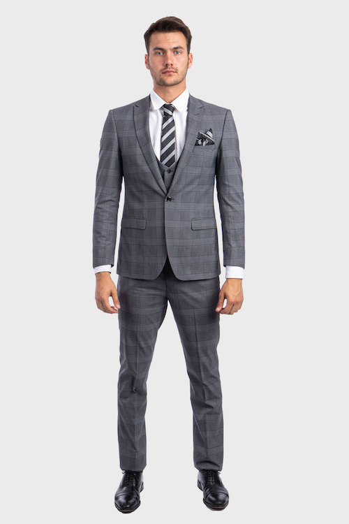 Grey Peak Lapel 3 Piece Plaid Suit