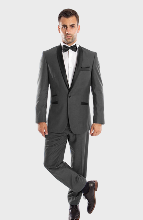 Grey 1 Button Satin Shawl Lapel Suit