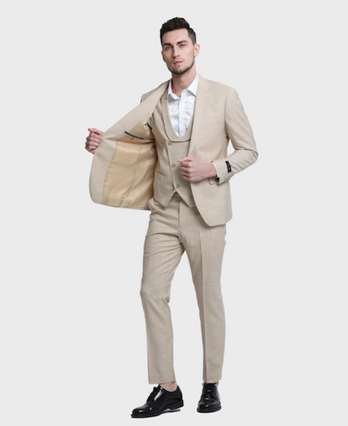 Khaki Sharkskin 3-piece Peak Lapel Suit