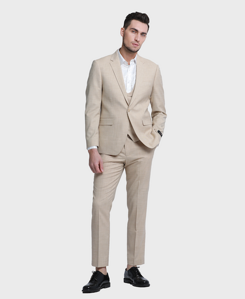 Khaki Sharkskin 3-piece Peak Lapel Suit