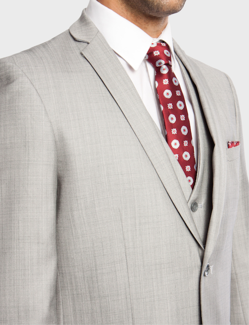 light grey suit red tie 