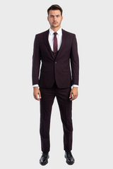 Burgundy Peak Lapel 3 Piece Plaid Suit