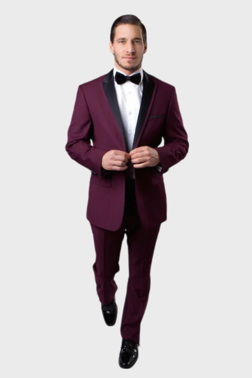 Burgundy Tuxedo with 1-Button Closure and Peak Lapel