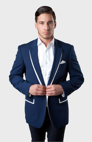 Dark Blue Blazer With White Trim Notch Lapel