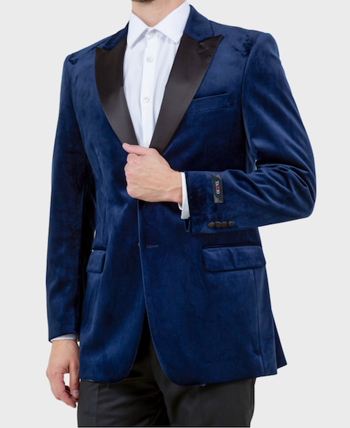 Mens Jacket Velvet Satin Peak Lapel Modern Fit Stylish Blazer Jackets 50R Dry Clean Blue