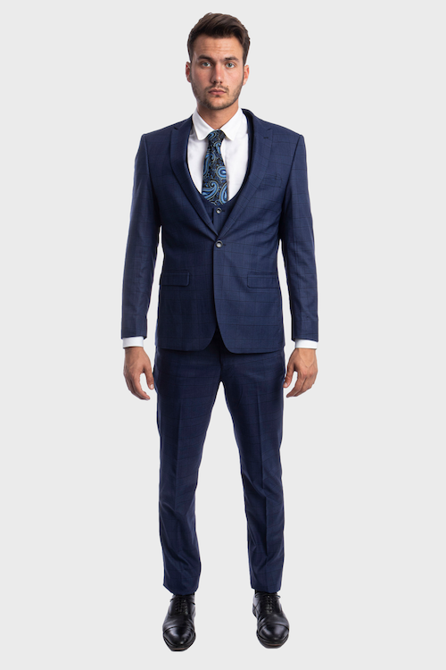 Blue Peak Lapel 3 Piece Plaid Suit