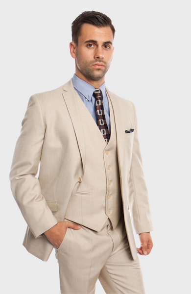 Tan 3 Piece Shiny Sharkskin Suit