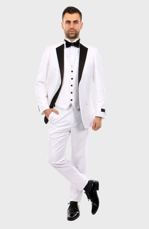 White with Black Lapel 3 Piece Vested Slim Fit Tuxedo