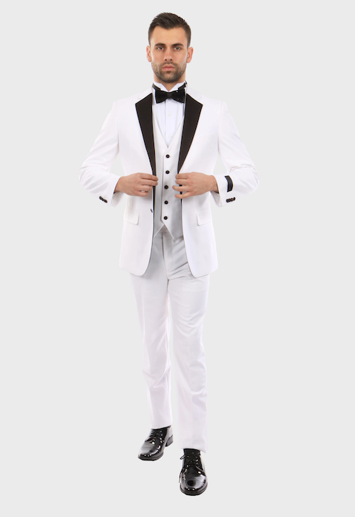 White with Black Lapel 3 Piece Vested Slim Fit Tuxedo