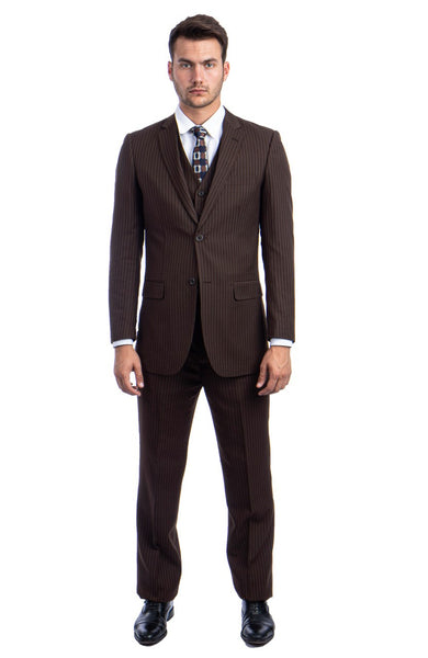 Brown Pinstripe Modern Fit 3 Piece Suit